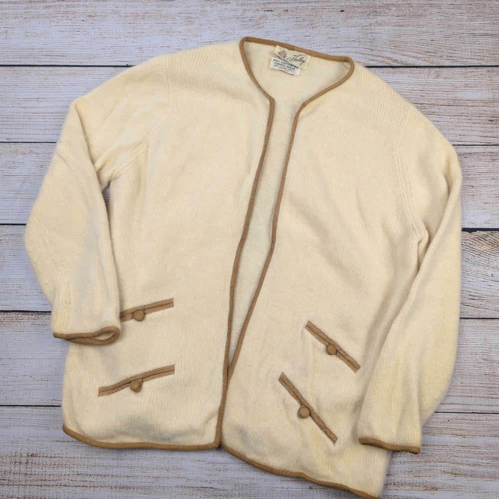 Vintage Hadley 100% Camel Hair Cardigan Sweater Cream leather Trim Open Front‎